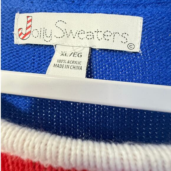 Jolly Sweaters Size XL Unisex Ugly Sweater Tie Pull over Blue Red White - Picture 4 of 4